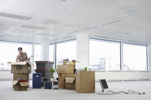 Office furniture and equipment prepared for a move in Elmstead
