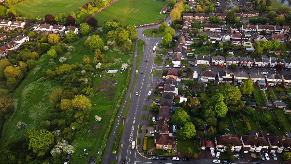An aerial view of a residential area showing a mix of detached and semi-detached houses with front and back gardens, surrounded by numerous trees with green foliage. A main road runs vertically through the centre of the image, with several cars and vans traveling along it. To the left of the road, there is a large green field with trees and garden plots, possibly a community garden or park. On the right side, rows of residential houses with paved driveways and parked vehicles are visible, along with some pavements and streetlights. The scene is well-lit, indicating daytime, and the various materials such as brick, wood, and fabric in the gardens and houses are visible. This setting reflects a typical suburban environment where house removals and transportation services, like those offered by Man with Van Elmstead, might be conducted during home relocation or furniture transport projects.