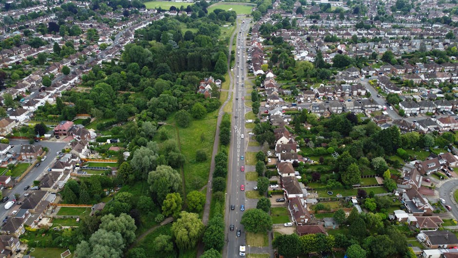 An aerial view of a residential neighbourhood in Elmstead, showing a main road with multiple vehicles parked and moving along it, lined with trees and green spaces on one side, and closely packed houses with gardens on the other. The image captures a section of the urban area during daytime, with the surroundings including mature trees, private yards, and streets extending into the distance. In the context of house removals by Man with Van Elmstead, the scene illustrates the typical environment where furniture transport and home relocation services are provided, highlighting the urban landscape, residential properties, and the logistical aspect of loading and unloading furniture and packing materials such as boxes and wrapped items near the pavement preparing for or after a move.