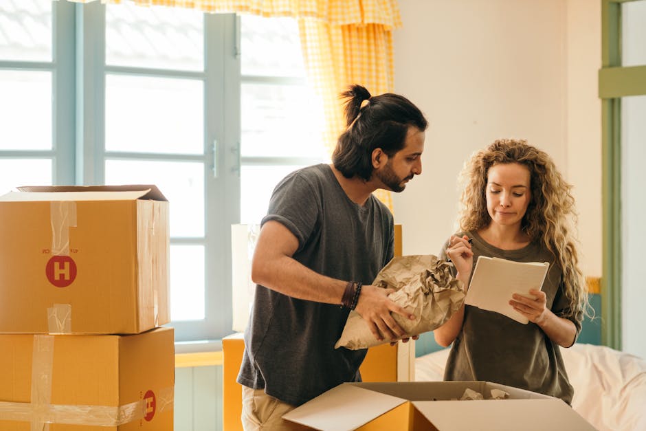 A man and a woman are inside a well-lit room during a home relocation process, with several large cardboard boxes sealing with packing tape visible in the foreground and background, some stacked on the floor. The man, with dark hair and a beard, is wearing a grey t-shirt and is holding a crumpled paper packing wrap or protective material while reviewing a clipboard held by the woman. The woman has long, curly blonde hair and is dressed in a casual grey t-shirt, focusing on the clipboard which may contain a moving checklist or instructions. The room features a large window with multiple panes, and a yellow checkered curtain partially drawn to the side, allowing natural light to illuminate the scene. A moving van from Man with Van Elmstead may be nearby, supporting furniture transport and packing services indicated by the context, as the individuals prepare for loading or unpacking during a house move.