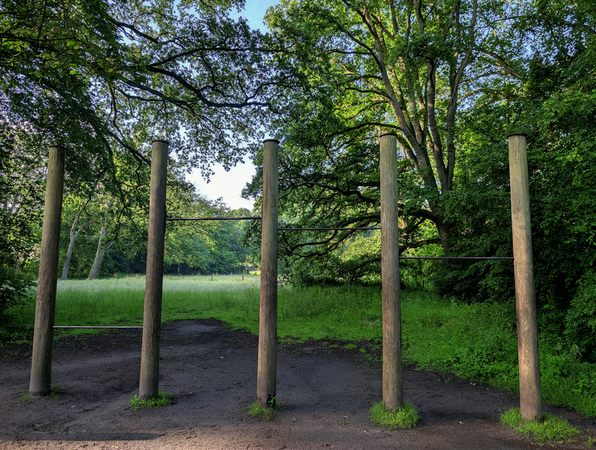 Image of a park area with four tall wooden poles arranged in a row, connected by horizontal metal bars used for balance or exercise. The poles are positioned on a dirt and grass surface, with a large,